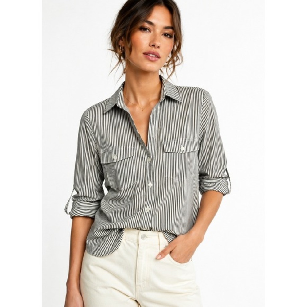 Active USA Womens Olive White Striped Cotton Roll Tab Button Down Shirt Medium